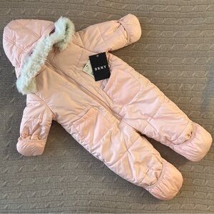 DKNY Baby Girl Puffer Snowsuit Onesie, Blush, 12 Months